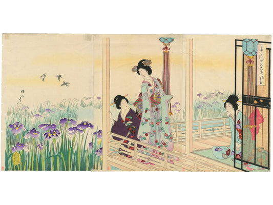 Estampe Japonaise triptyque de Chikanobu représentant des femmes de cour admirant des iris en fleurs au Palais Chiyoda