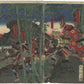 Estampe Japonaise diptyque de Chikanobu représentant Katô Kiyomasa et ses généraux chassant le tigre en Corée
