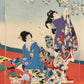 Estampe Japonaise triptyque de Chikanobu représentant des dames de la cour des Tokugawa célébrant le hanami sous des cerisiers en fleurs, détail du panneau central, dame assise devant des laques tandis qu'une autre accroche un poème sur une branche de cerisier en fleurs