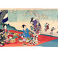 Estampe Japonaise triptyque de Chikanobu représentant des dames de la cour des Tokugawa célébrant le hanami sous des cerisiers en fleurs
