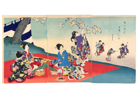 Estampe Japonaise triptyque de Chikanobu représentant des dames de la cour des Tokugawa célébrant le hanami sous des cerisiers en fleurs