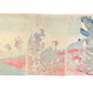 Estampe Japonaise triptyque de Chikanobu représentant des dames de la cour des Tokugawa célébrant le hanami sous des cerisiers en fleurs, le verso