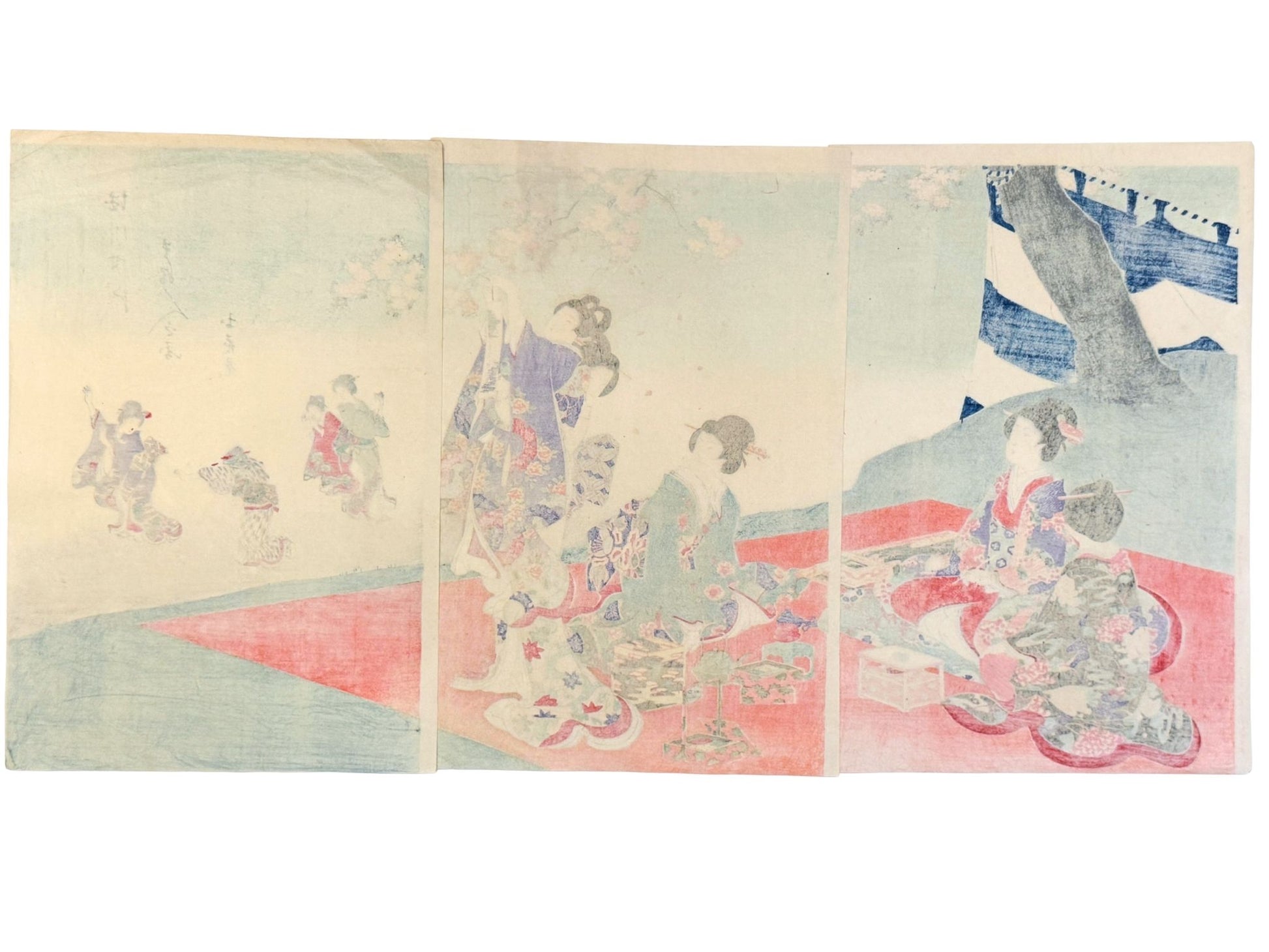 Estampe Japonaise triptyque de Chikanobu représentant des dames de la cour des Tokugawa célébrant le hanami sous des cerisiers en fleurs, le verso