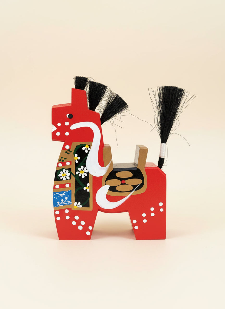 cheval traditionnel japonais yawata rouge motifs vague de profil 1