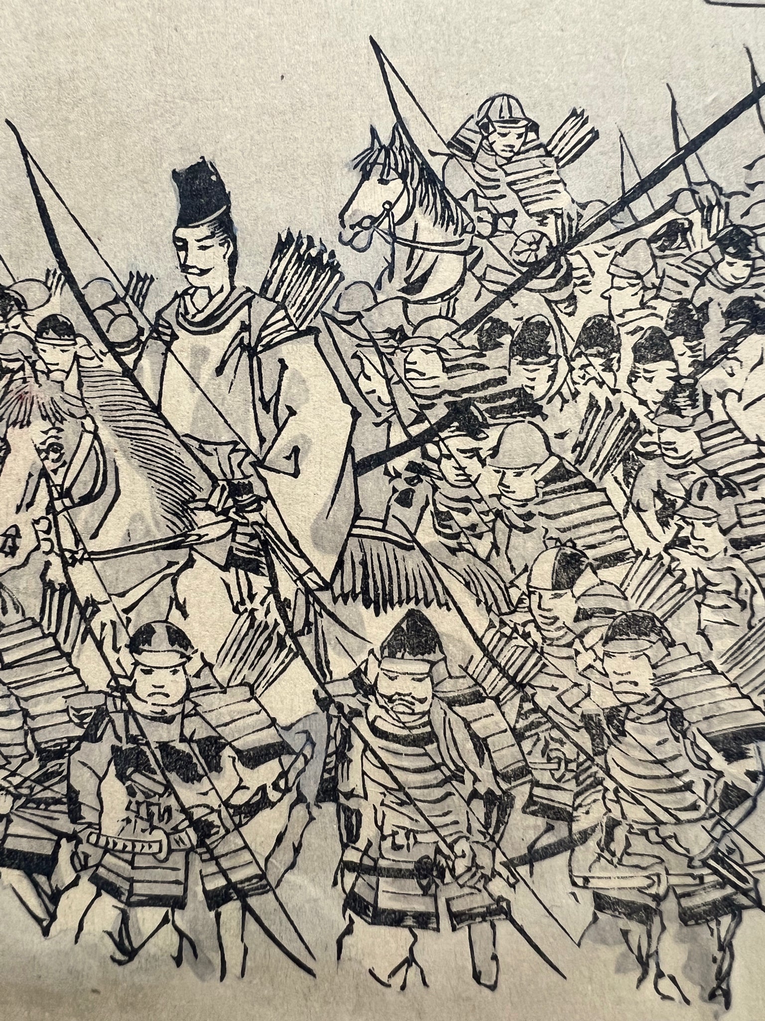 estampe japonaise en triptyque de samouraï, samouraï et seigneur à cheval
