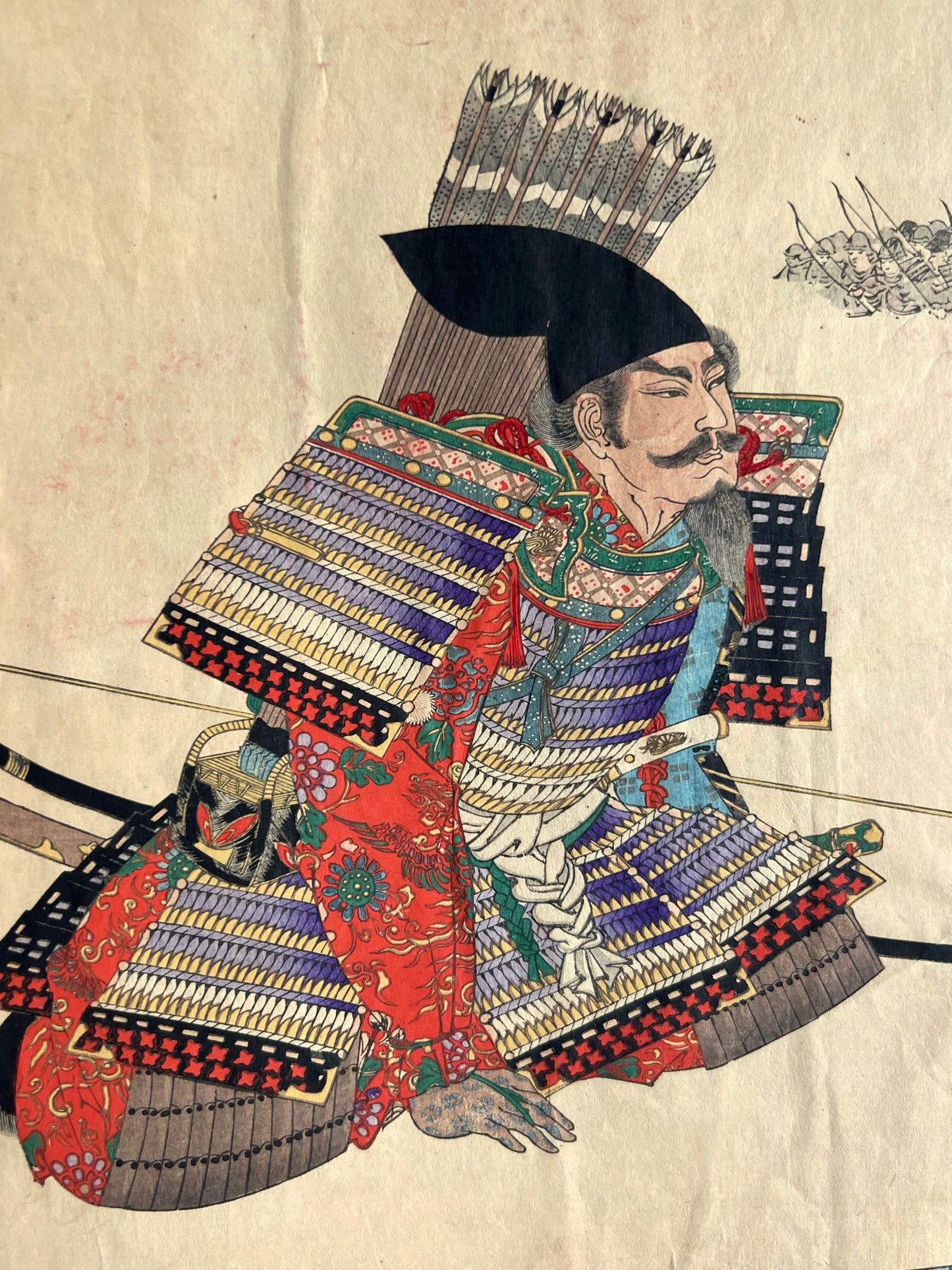 estampe japonaise en triptyque de samouraï, gros plan sur le samouraï archer