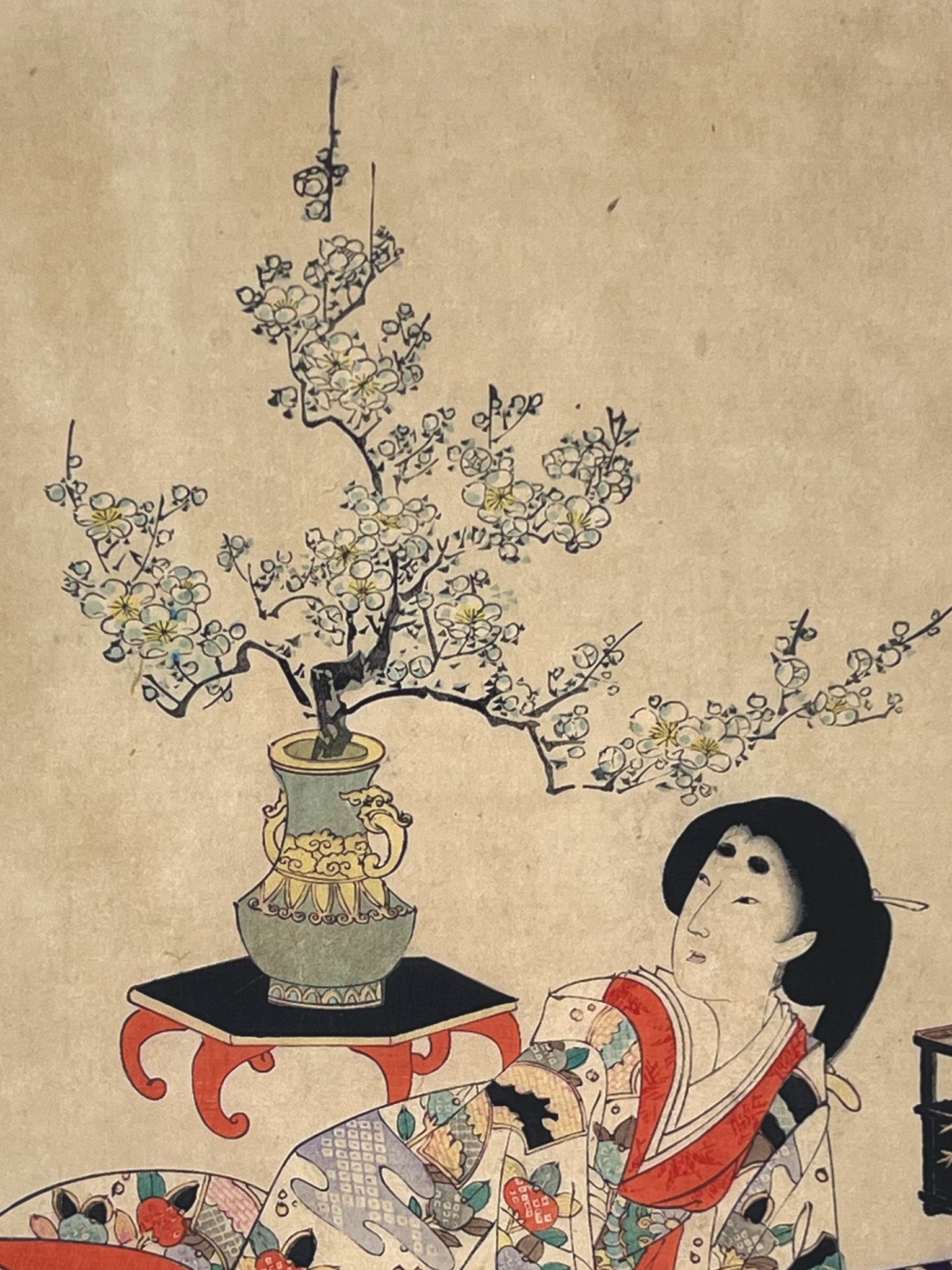 Estampe Japonaise de Chikanobu | Second repas du jour de l' An le bouquet fleurs de prunier en ikebana