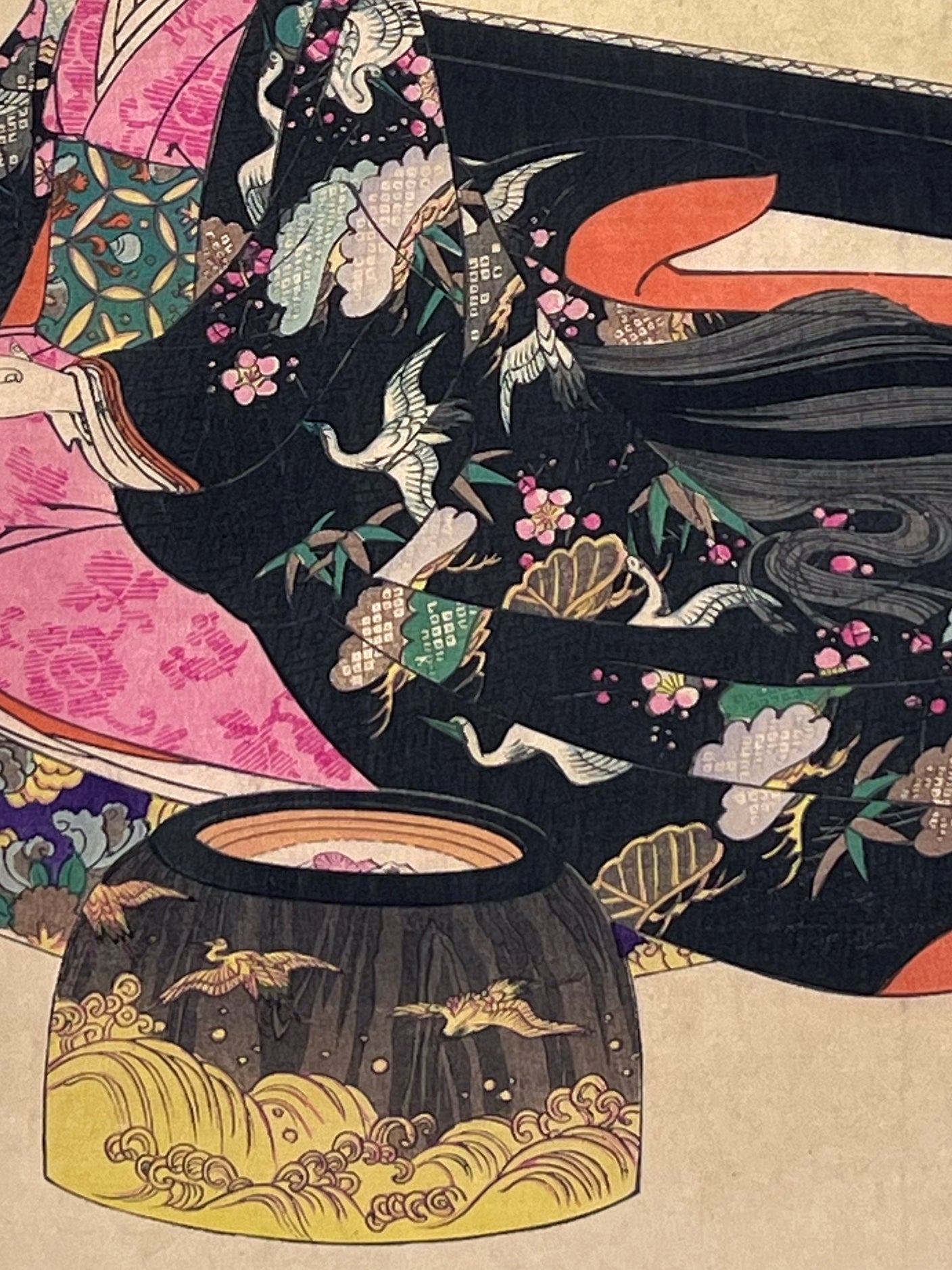 Estampe Japonaise de Chikanobu | Second repas du jour de l' An détail du kimono décor de grues sur fond noir