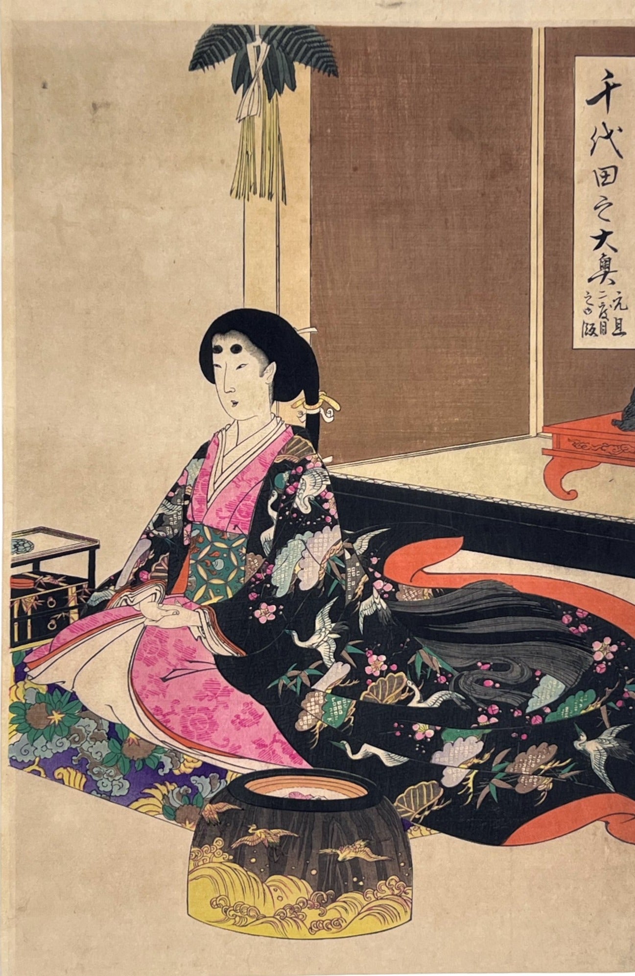 Estampe Japonaise de Chikanobu | Second repas du jour de l' An partie droite femme de la cour kimono noir et rose assise