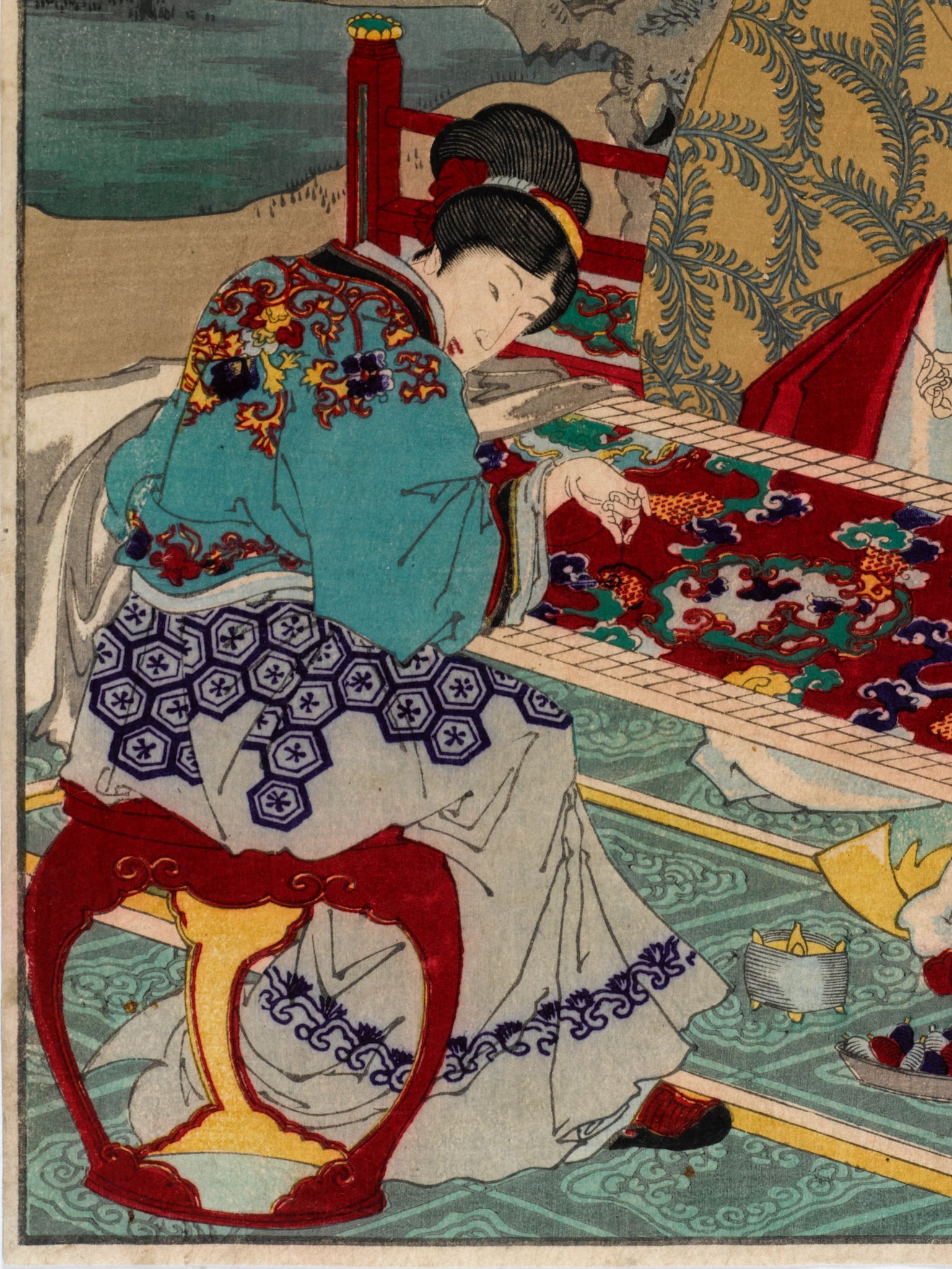 Estampes japonaise Chikanobu série brocards de l'est n° 38, brodeuse et tissu rouge à broderies traditionnelles chinoises