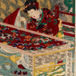 Estampes japonaise Chikanobu série brocards de l'est n° 38, brodeuse aiguilles à la main, tissu rouge sur métier à tisser,  broderies traditionnelles chinoises materiel de couture sous la table