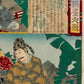 estampes japonaise Chikanobu série brocards de l'est ministre Kibi supervisant confection tissu par brodeuses, cartouche titre et ministre Kibi