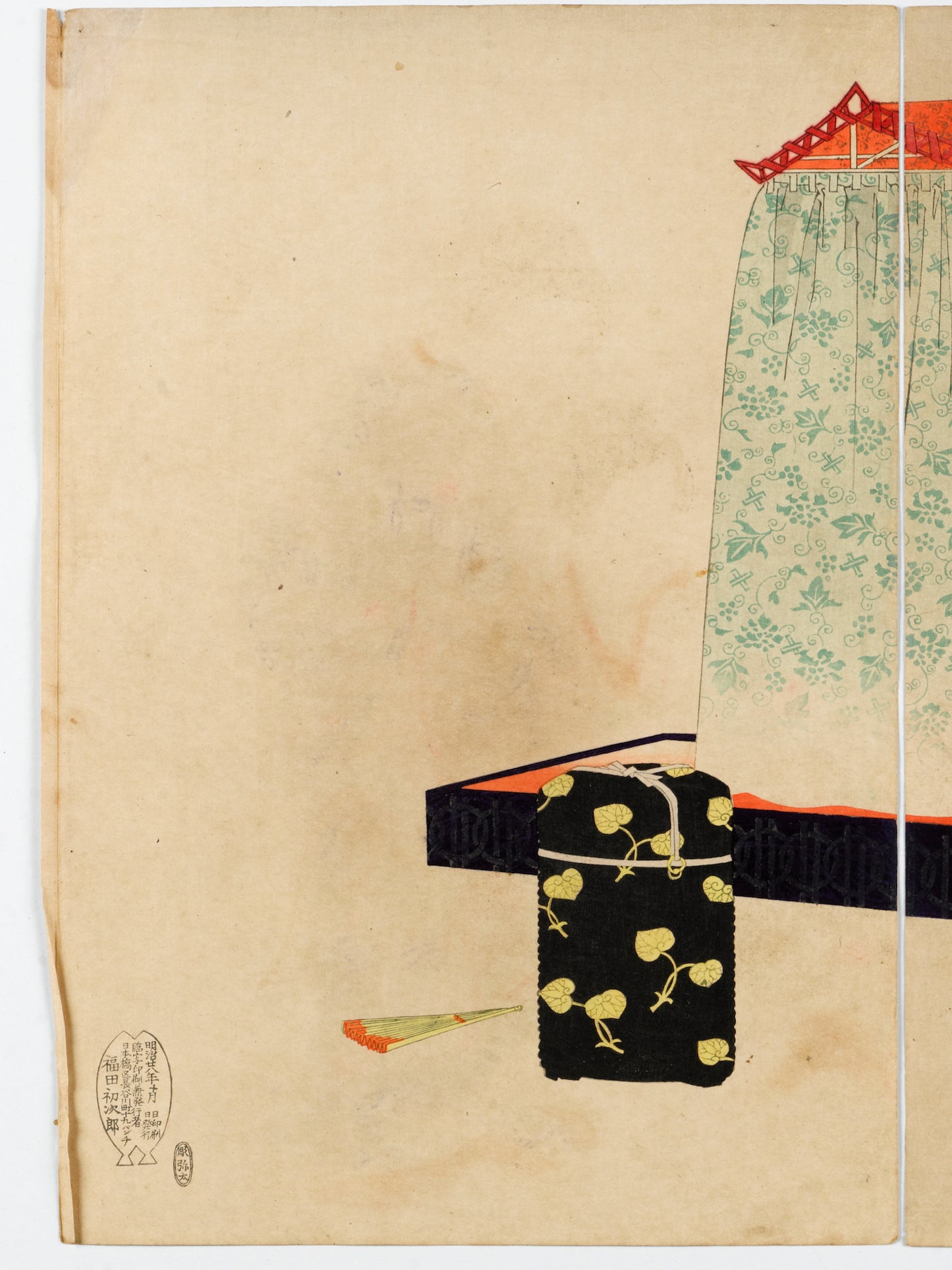 estampe japonaise triptyque de Chikanobu coulisse de théatre No Intérieur Palais de Chiyoda, boite laque noir et signature sceau éditeur et artiste 