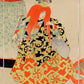 estampe japonaise triptyque de Chikanobu coulisse de théatre No Intérieur Palais de Chiyoda acteur de No cheveux rouge couronne dragon