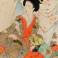 estampe japonaise triptyque de Chikanobu coulisse de théatre No Intérieur Palais de Chiyoda femme kimono glycine masque masculin or dans les mains