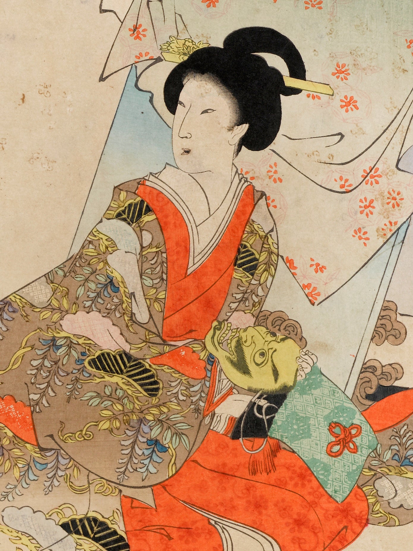 estampe japonaise triptyque de Chikanobu coulisse de théatre No Intérieur Palais de Chiyoda femme kimono glycine masque masculin or dans les mains