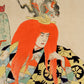 estampe japonaise triptyque de Chikanobu coulisse de théatre No Intérieur Palais de Chiyoda, visage acteur cheveux rouge couronne  de dragon kimono or et noir