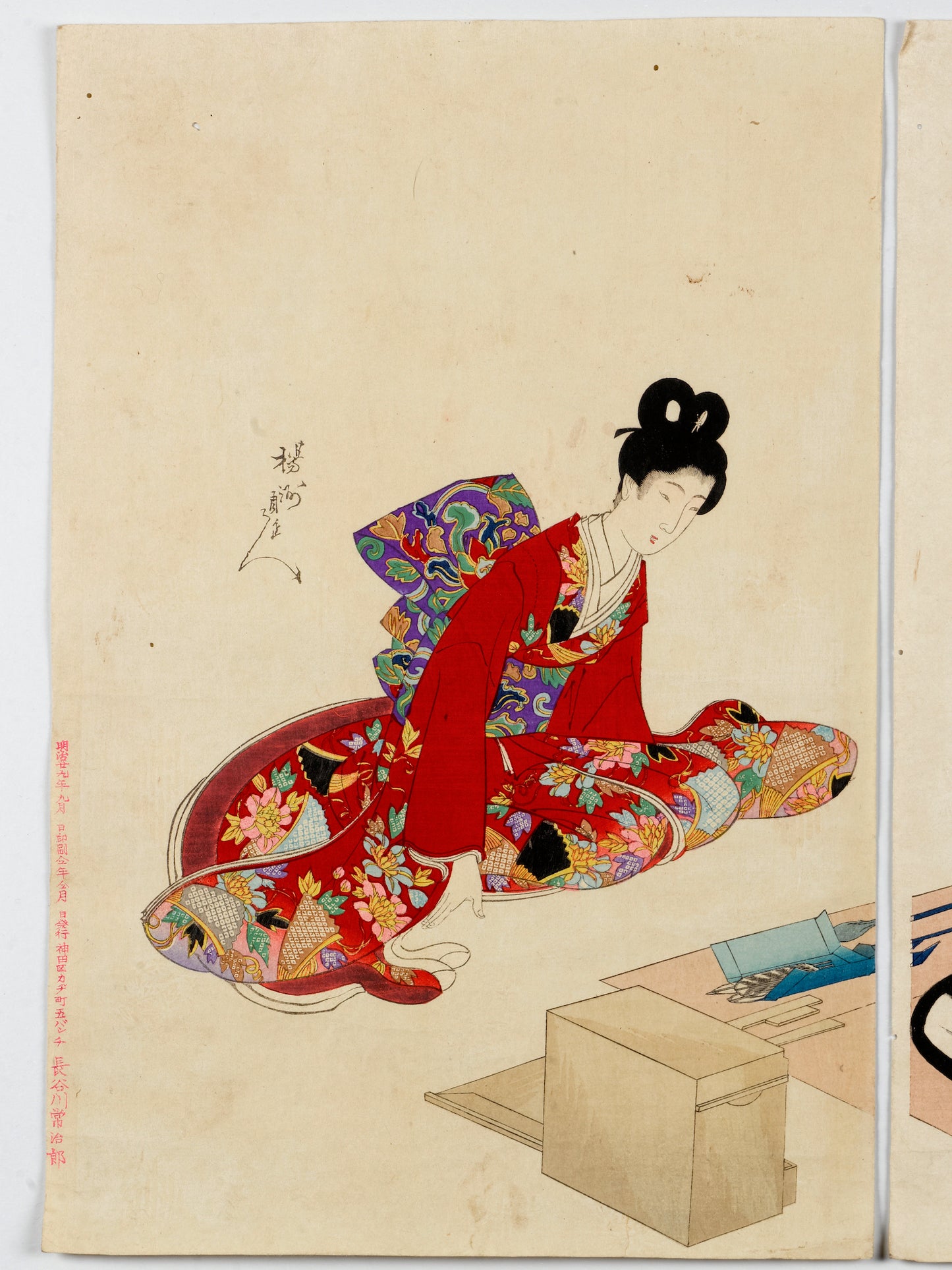 estampe japonaise de Chikanobu dames epoque tokugawa, création paysage bonkei, femme kimono rouge signature artiste et marque éditeur