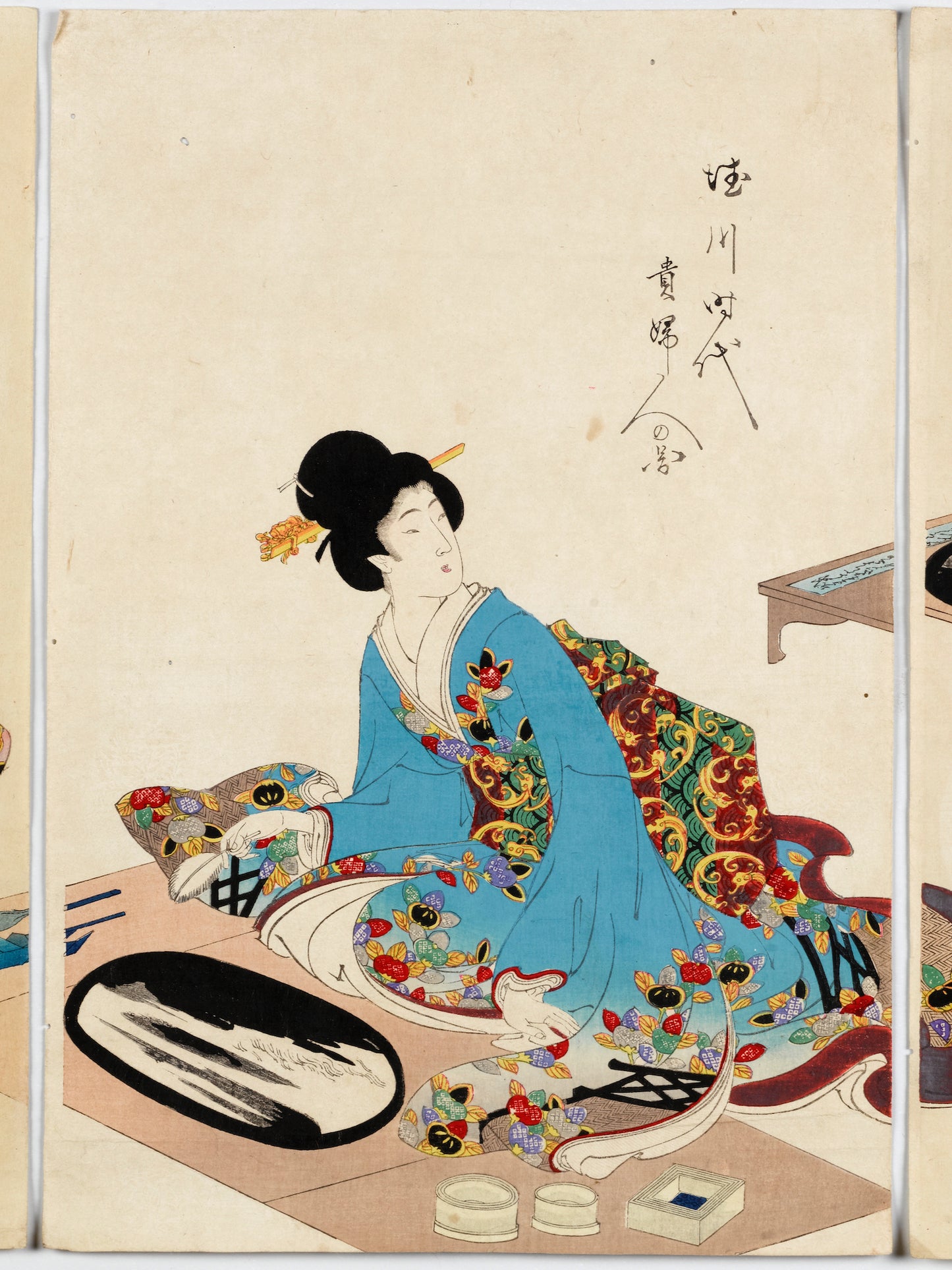 estampe japonaise de Chikanobu dames epoque tokugawa, création paysage bonkei, femme au centre kimono bleu et obi coloré, plateau et plume à la main, signature chikanobu