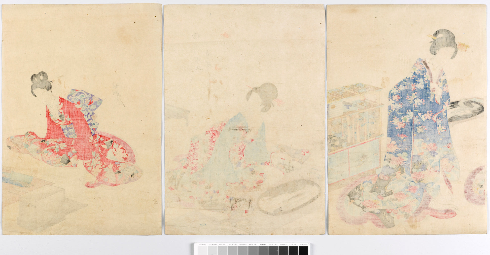 estampe japonaise de Chikanobu dames epoque tokugawa, création paysage bonkei, dos estampe