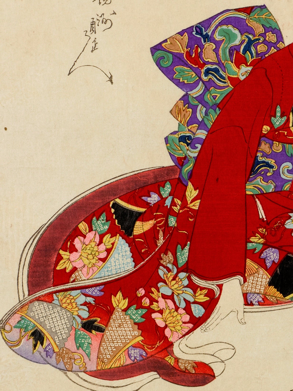 estampe japonaise de Chikanobu dames epoque tokugawa, création paysage bonkei, détail kimono rouge fleurs et obi violet