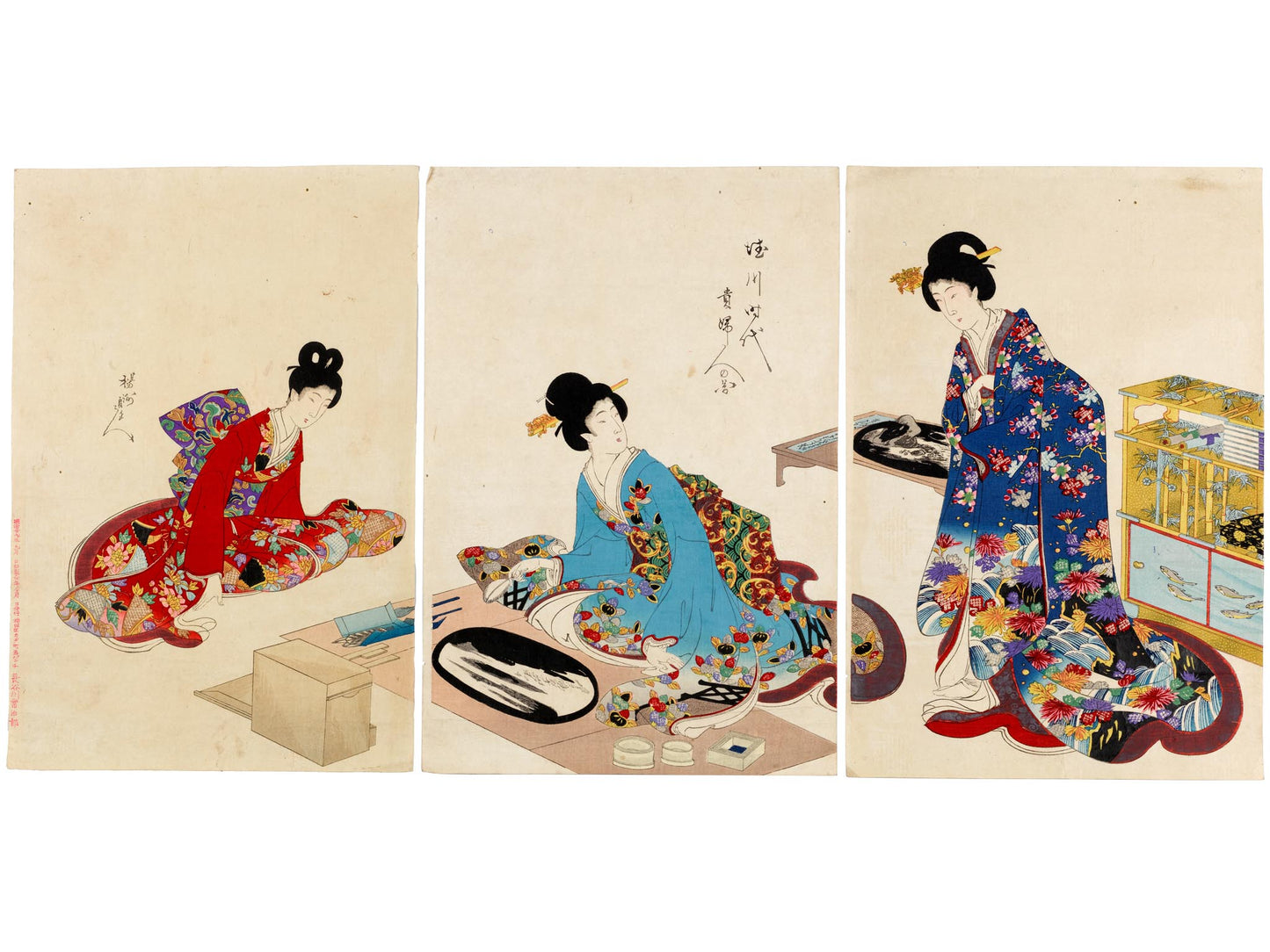 estampe japonaise de Chikanobu dames epoque tokugawa, création paysage bonkei 