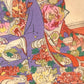 Estampe japonaise  triptyque de Chikanobu, femmes en kimonos fleuris, défilé du nouvel an, kimono fleurs et dragon violet rouge