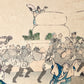 Estampe japonaise  triptyque chikanobu, char à porteur et danseur  eventail