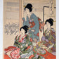 Estampe japonaise  triptyque de Chikanobu, femmes en kimonos fleuris, cartouche titre