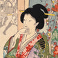 Estampe japonaise  triptyque de Chikanobu, femme en kimono vert main sur visage  