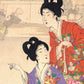 Estampe japonaise  triptyque de Chikanobu, femmes en kimonos fleuris, défilé du nouvel an, femme montrant du doigts