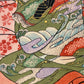 Estampe japonaise triptyque de Chikanobu, kimono tissu motifs multicolore, eau vague