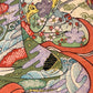 Estampe japonaise  triptyque de Chikanobu, kimono tissu motifs multicolore, fleurs prunier 