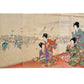 Estampe japonaise  triptyque de Chikanobu, femmes en kimonos fleuris, défilé du nouvel an