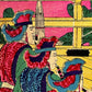 estampe japonaise en crêpe très colorée , festival chateau Mont fuji, musicien flutiste