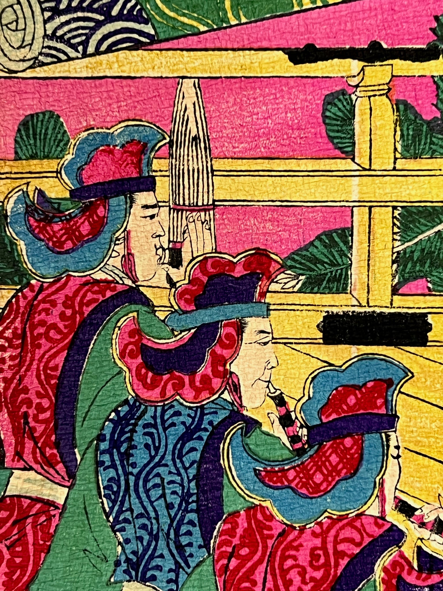 estampe japonaise en crêpe très colorée , festival chateau Mont fuji, musicien flutiste