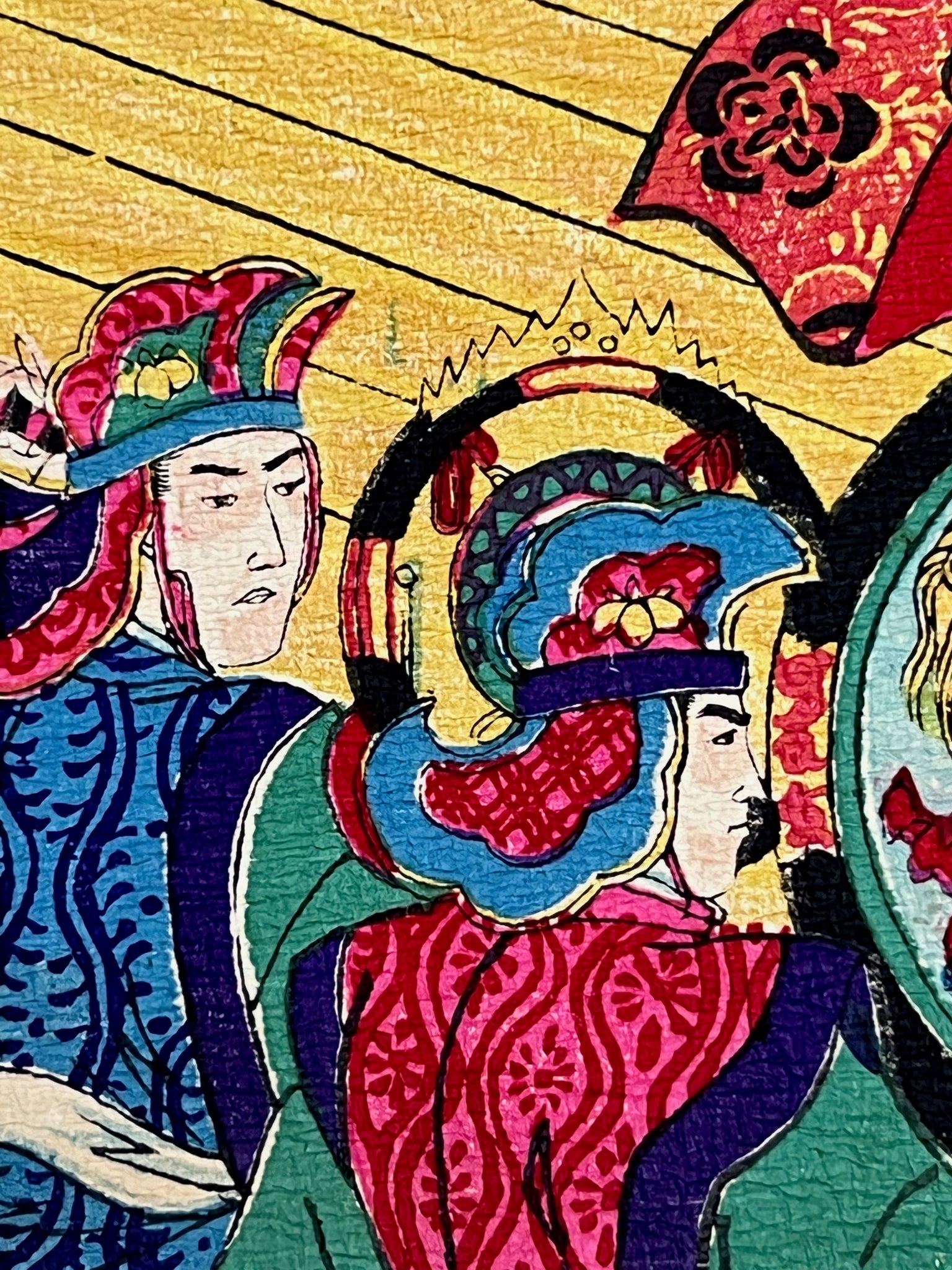 estampe japonaise en crêpe très colorée , festival chateau Mont fuji, musicien en habits très colorés