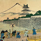 estampe japonaise en crêpe très colorée , festival chateau Mont fuji, des personnages sur le pontestampe japonaise en crêpe très colorée , festival palais imperial Mont fuji, personnage sur le pont