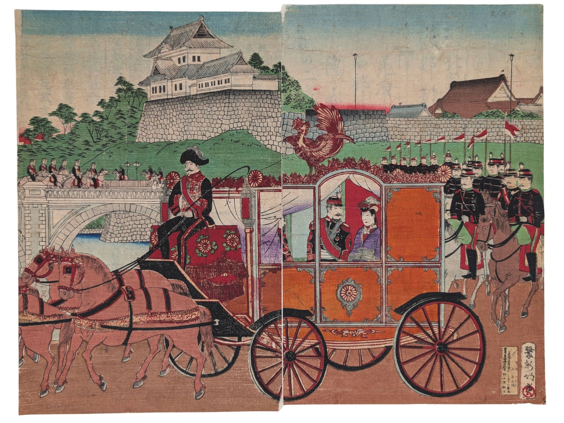 estampe japonaise ancienne, l'empereur Meiji et sa femme dans un carosse, en arrière plan un chateau