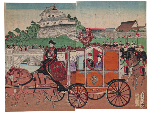 estampe japonaise ancienne, l'empereur Meiji et sa femme dans un carosse, en arrière plan un chateau