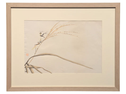 estampe japonaise encadrée, mante-religieuse sur branche de graminée, avec cadre en chêne