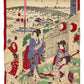 Estampe Japonaise Chirimen-e Musiciennes et feu d'artifice joueuses de koto et guitare japonaise