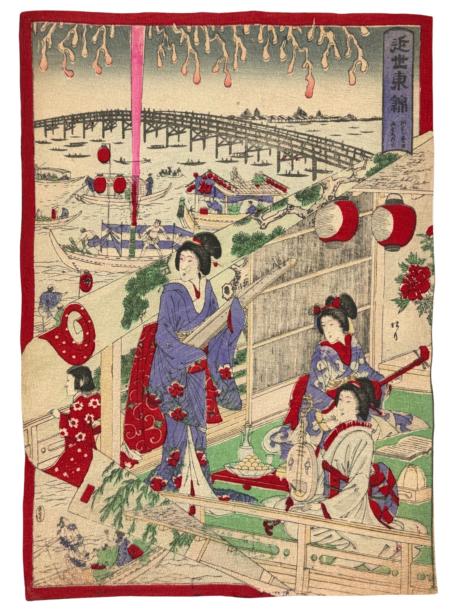 Estampe Japonaise Chirimen-e Musiciennes et feu d'artifice joueuses de koto et guitare japonaise