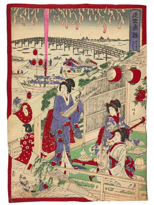 Estampe Japonaise Chirimen-e Musiciennes et feu d'artifice joueuses de koto et guitare japonaise