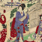 Estampe Japonaise Chirimen-e Musiciennes et feu d'artifice, gros plan femme debout un koto  dans les bras