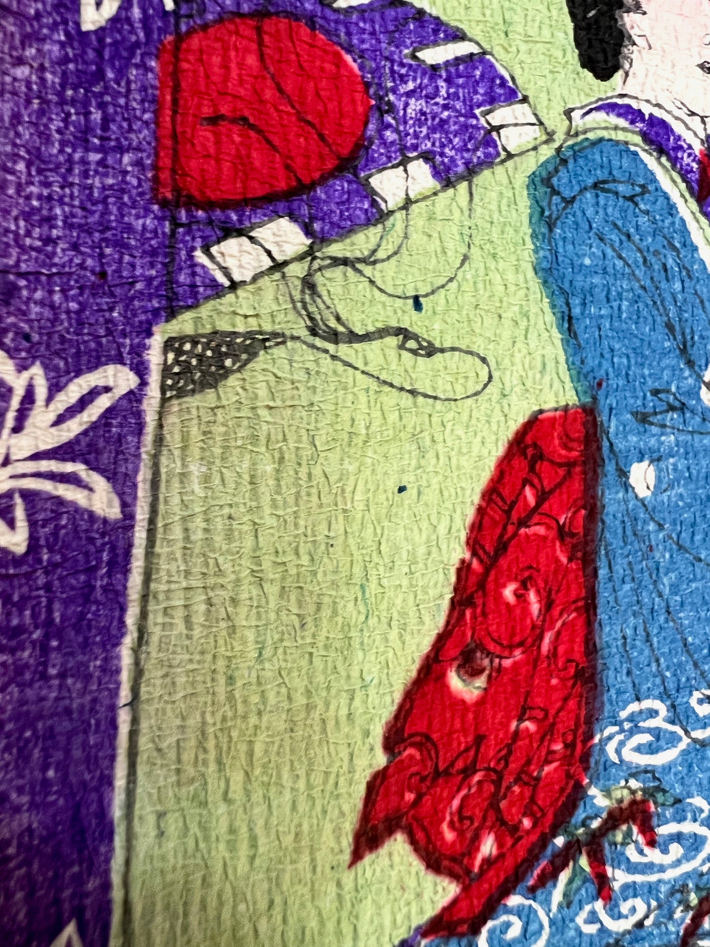 estampe japonaise crépon chirimen-e réception chez un seigneur série brocard de l'ouest modern détail kimono rouge bleu violet