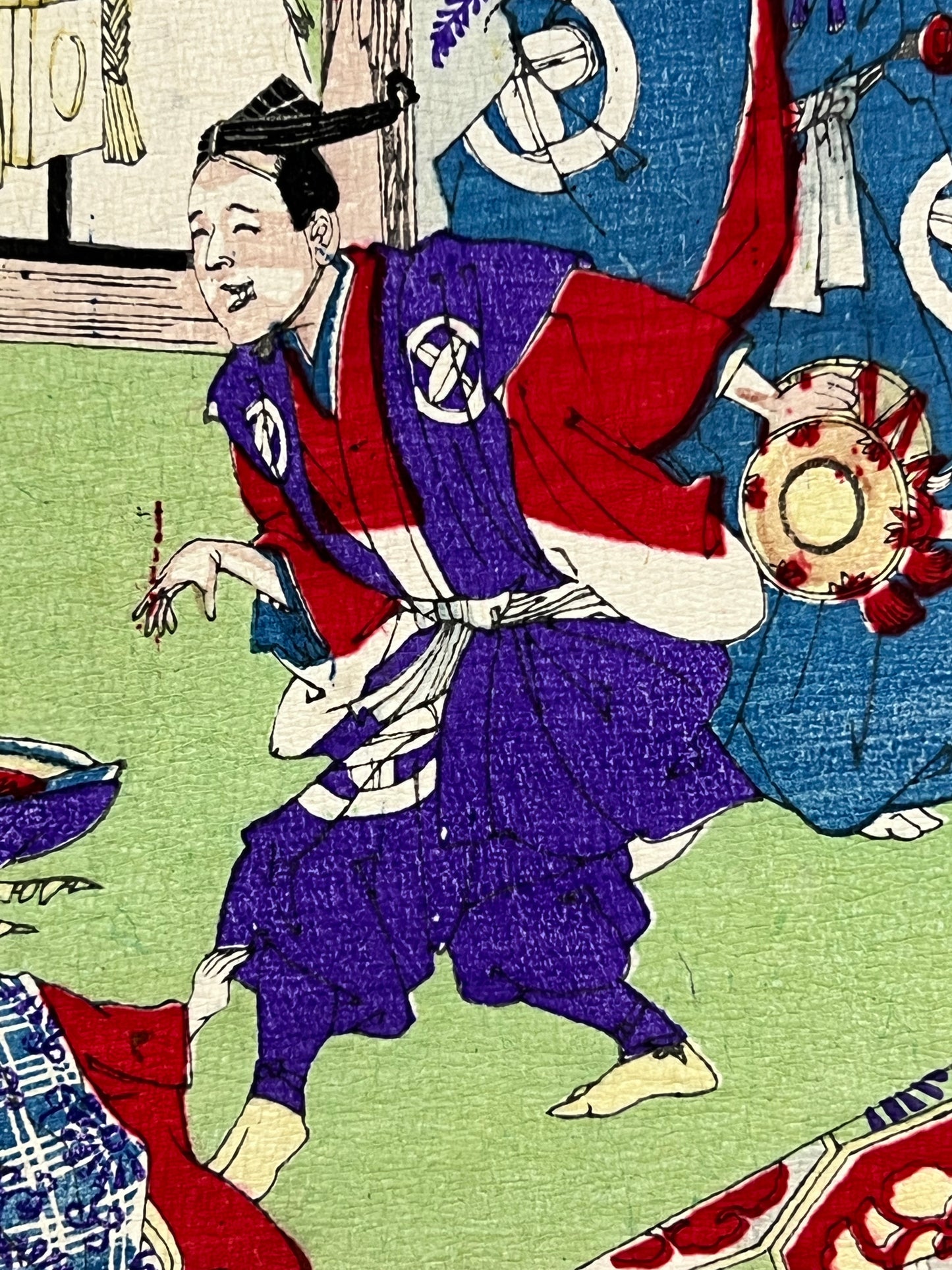 estampe japonaise crépon chirimen-e réception chez un seigneur série brocard de l'ouest moderne musicien kimono violet