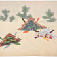 Estampe Japonaise de Yoshida Tamaki représentant trois origami en forme de kabuto décorés aux motifs des trois amis de l'hiver : pin, bambou, prunier