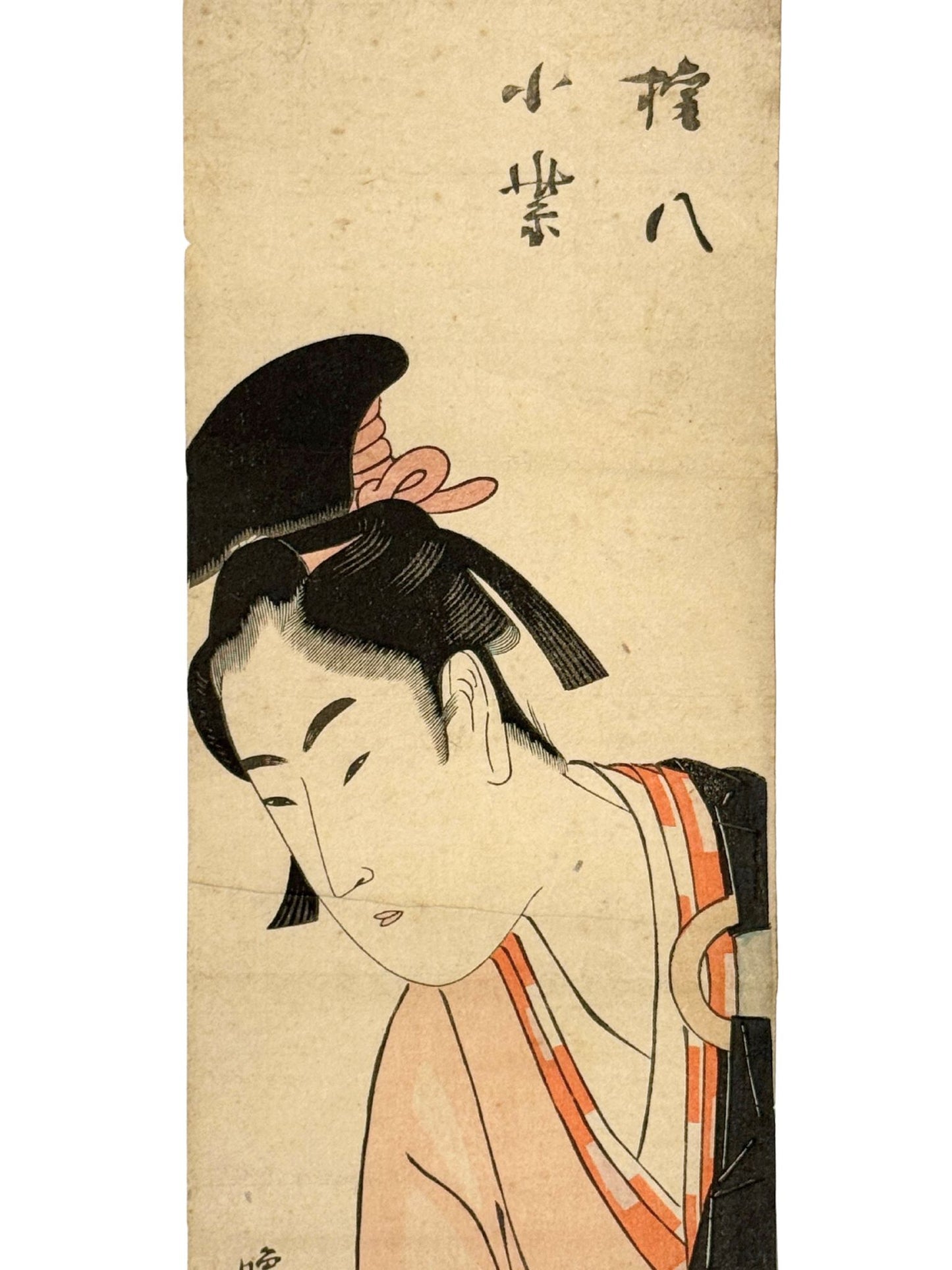 Estampe Japonaise hashira-e de Koikawa Harumasa représentant la courtisane Komurasaki et son amant Shirai Gonpachi, détail de Shirai Gonpachi