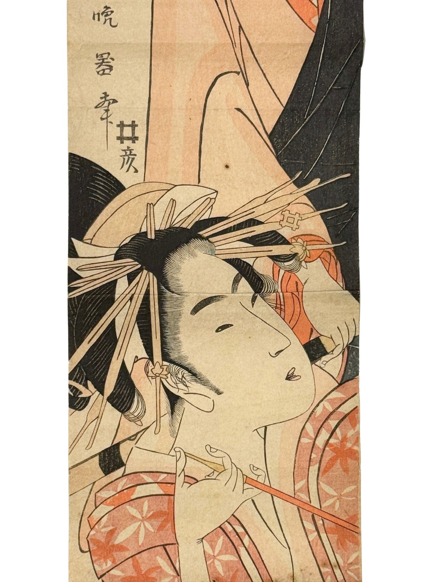 Estampe Japonaise hashira-e de Koikawa Harumasa représentant la courtisane Komurasaki et son amant Shirai Gonpachi, détail de Komurasaki